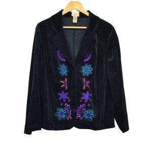 Womens Black Velvet Embroidered Blazer Jacket Size 1X Boho Whimsigoth Coquette